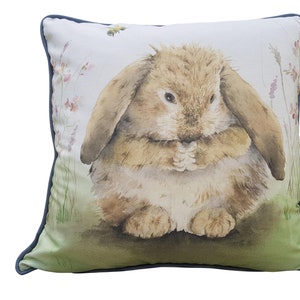 Cute Bunny Cushion with Bees and Pink Flowers Luxury Piped 18 inch Cotton Cushion Cover Rabbit Gift For Her Country Home Girls Nursery Chair