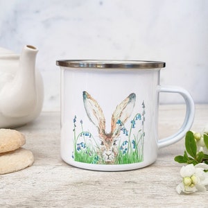 Pretty Hare Enamel Mug with Bluebell Wild Flowers &quot;Curious Hare&quot; cute gift for a bunny lover | Personalised