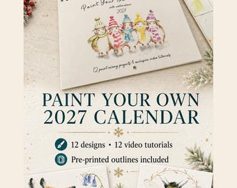 Könnte beinhalten: Ein 2027 Paint Your Own Kalender mit Aquarellfarben und Pinseln. Das Cover zeigt fünf illustrierte Schafe mit Wintermützen und Schals. Der Text umfasst Paint Your Own Calendar with watercolour 2027, 12 paint along projects & exclusive video tutorials und PAINT YOUR OWN 2027 CALENDAR.