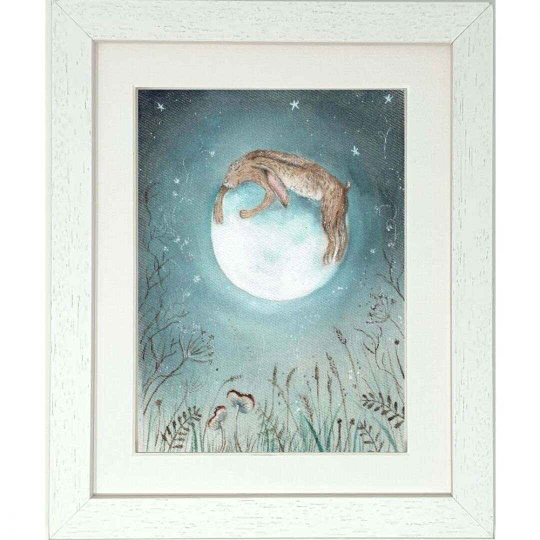 Cute Hare and Moon "hugging the Moon" Watercolour Framed Print ...