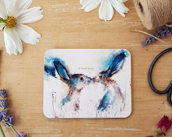 Kissing Hares Coaster Hare Gift Blue Hare Lover Gift For Her Sustainable Wood Gift Hares Cute Bunny Cute Rabbit Pretty Coaster Country Hare