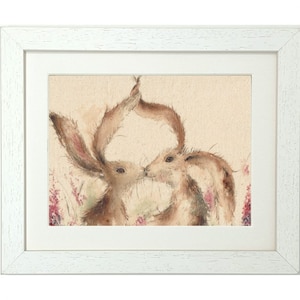 KISSING Hares, Hugging Bunnies Artwork, Wishes  and  Kisses Framed Watercolour Print (landscape), Pretty picture for the home, valentine&#39;s