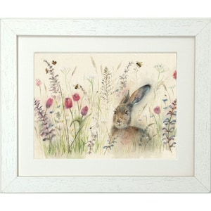 PRETTY Hare in wildflowers Picture, Cute Hare Framed Print Watercolour (landscape), springtime flowers, nature lover gift for her