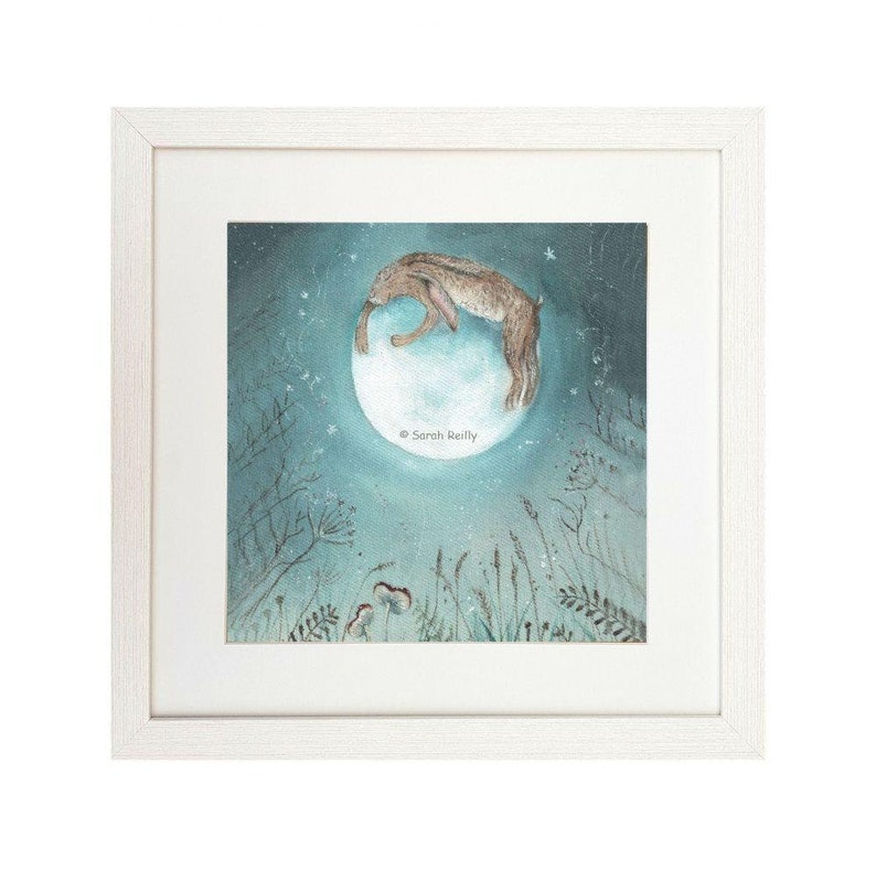Cute Hare and Moon "hugging the Moon" Watercolour Framed Print ...