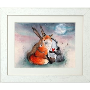 Peut inclure: Une peinture à l'aquarelle d'un renard, d'un lapin et d'un blaireau se serrant dans les bras sous un ciel étoilé. Le blaireau tient un cœur rouge.