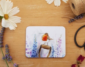 Pretty Robin Coaster Gift Robin Lover Flower Gardening Gift For Her Robin Painting Birds Wild bird Drinks Mat Tea Coaster Coffee Lover Gift