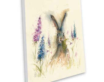 Bonito lienzo de liebre con estampado de conejo, arte de pared, estampado de conejo, flores rosas y azules, pintura de liebre, obra de arte de estilo rural, decoración del hogar