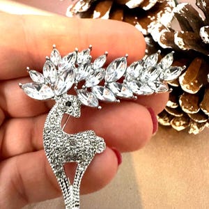 Rhinestone Christmas Reindeer Brooch: Silver Tone Crystal Deer Holiday Pin