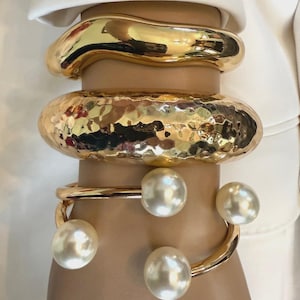 Gold-Tone Cuff Bracelet: Imitation Pearl Bangle, Chunky Statement Jewelry