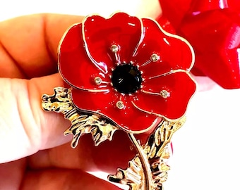 Ukrainian Red Poppy Rhinestone Brooch, Red Poppy Enamel Brooch, Honor Our Veterans, Poppy Brooch, Flower Brooch, Red Poppy Pin, Gift For Her