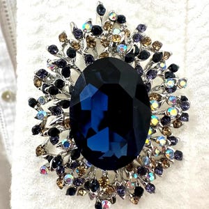 Navy Blue Brooch, Large Blue Pin, Rhinestone Blue Brooch, Sapphire Crystal Brooch,  Statement Brooch, 2.5&quot; Dark Blue Pin, Gift For Her