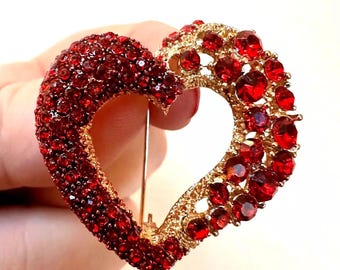 Red Heart Brooch, Heart Pin, Red Rhinestone Heart Brooch, Valentine&#39;s Day Pin, Vintage Heart Brooch, Anniversary Gift for Her, Red Heart Pin
