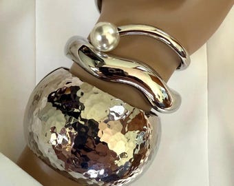 Silver-Tone Cuff Bracelets: Faux Pearl Statement Bangle, Vintage Style Chunky Jewelry