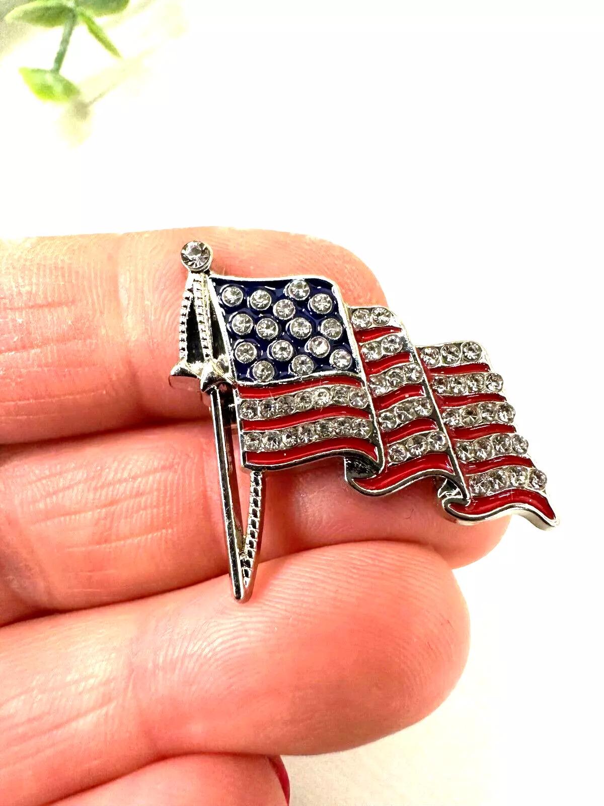 USA Flag Brooch, American Rhinestone US Flag Pin, USA Flag Silver Plated Brooch,  Patriotic American Crystal Pin, Enamel American Flag Pin