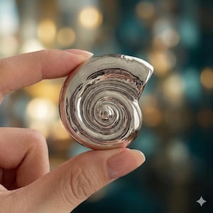 May include: A polished silver seashell-shaped decorative object. The spiral design is prominent, reflecting light. The object is held between fingers, showcasing its size and shape. The background is blurred with bokeh lights.