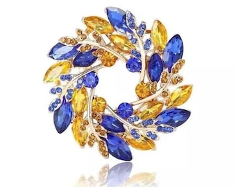 Ukrainian Patriotic Blue and Yellow Wheat Rhinestone Wreath Brooch, Ukrainian Brooch, Ukrainian Wreath Brooch, Ukrainian Wheat Brooch, Pin