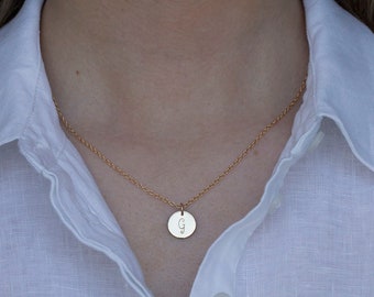 Gold Initial Necklace, Initial Disc Necklace Gold, Letter Circle Necklace, Monogram Necklace Gold, Gold Disc Necklace, Gold Initial Tag