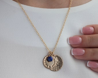 Personalised Necklace with Two Discs + Birthstone Gold