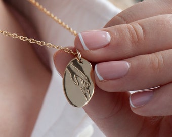 Rectangle or Oval Mum and Child Hands Illustration Necklace Gold or Silver