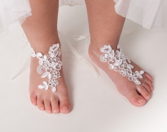 Sandalias descalzas de encaje para bebés, sandalias sin pies para niños pequeños, zapatos para niños, sandalias descalzas para niñas de flores, sandalias sin pies de encaje francés para bodas en la playa