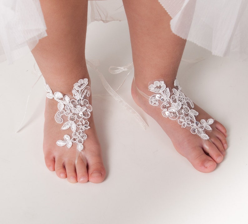 Baby Lace barefoot sandals, Toddler footless sandals, Kids shoes, Flower girl barefoot sandals, Beach wedding french lace footless sandal image 1