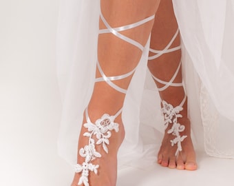 Romantic Lace barefoot sandals, Bridal shoes, Wedding shoes, Bridesmaid barefoot sandals, Beach wedding footless sandal, Foot thong, Lace up