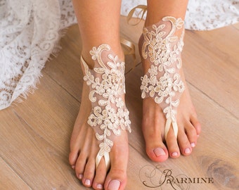 Champagne Lace Barefoot Sandals, Bridal Foot Jewelry