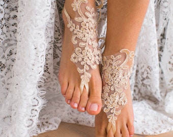 Lace barefoot sandals, Bridal footless sandals, Champagne lace Bridal shoes, Bridesmaid barefoot sandals, Beach wedding sandal, Shoes