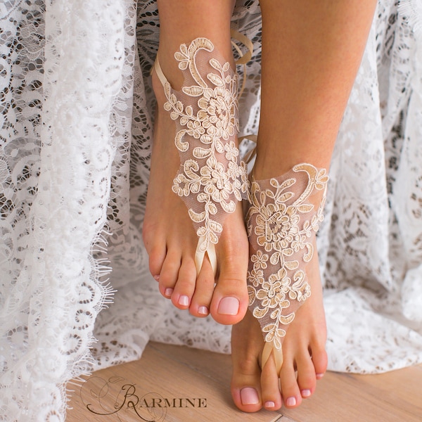 Sandales pieds nus en dentelle, sandales nuptiales sans pied, chaussures de mariée en dentelle Sequin, demoiselle d'honneur, mariage plage