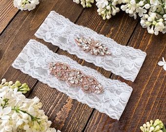 Rose gold Jewelled Bridal Garter, Wedding Garter, Stretch Lace Garter Set in white, Rhinestone garters, Crystal Wedding Garter