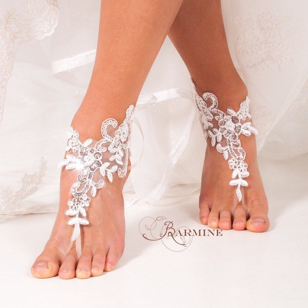 Lace barfuss Sandalen, Bridal footless Sandalen, Pailletten Spitzen Brautschuhe, barfuss Sandalen Brautjungfer, Strand Hochzeit Sandale