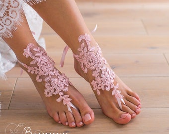 Lace barefoot sandals, Bridal footless sandals, Pink lace Bridal shoes, Bridesmaid barefoot sandals, Beach wedding sandal, Shoes