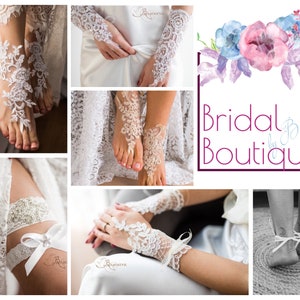 Puede incluir: Una colecci&oacute;n de accesorios de novia, que incluyen una liga, guantes de encaje y joyas de encaje para los pies. La imagen tambi&eacute;n incluye un logotipo para una boutique de novias.