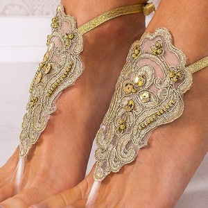 Gold Lace barefoot sandals, Bridal footless sandals, Wedding shoes, Bridesmaid barefoot sandals, Beach wedding soleless sandal, Lace Anklets