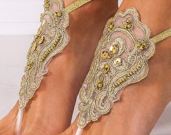 Gold Lace barefoot sandals, Bridal footless sandals, Wedding shoes, Bridesmaid barefoot sandals, Beach wedding soleless sandal, Lace Anklets