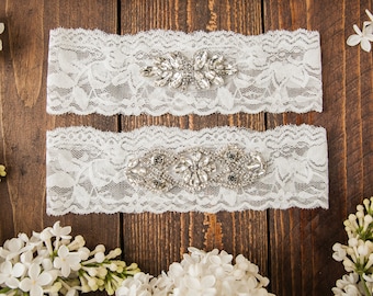 Jewel Bridal Garter, Wedding Garter, Stretch Lace Garter Set in white, Rhinestone garters, Wedding Garter Belt, Crystal garter for wedding