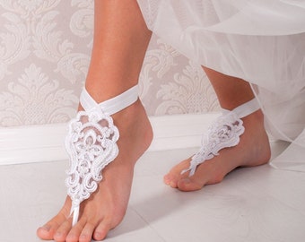 Lace barefoot sandals wedding, Bride beaded lace barefoot sandals, Beach Wedding shoes, Dance Shoes, Wedding Dancing Slippers