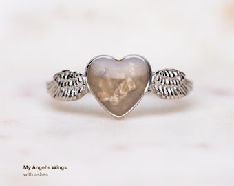 Ash Heart Ring, Cremation Jewelry, Angel Wing Ring, Sympathy Gift, Memorial Keepsake, My Angel’s Wings