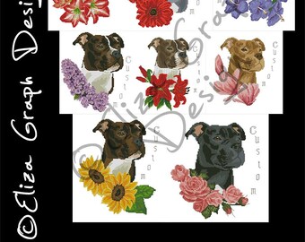 Custom Pitbull Terrier Cross Stitch Pattern, with chooseable flowers and custom name in PDF, Counted dog Pattern