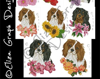 Custom Cavalier King Charles Spaniel Cross Stitch Pattern, with chooseable flowers and custom name in PDF, Counted dog Pattern