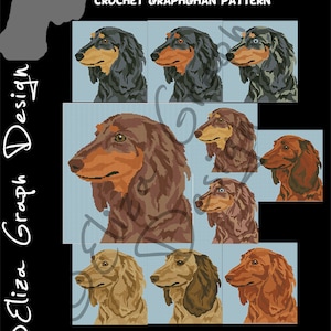 May include: Cross stitch pattern for a long-haired dachshund. The pattern includes six different color variations of the dog, with each dog shown in profile. The pattern is 160 x 173 stitches.