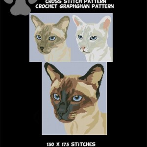May include: Cross stitch pattern for a Siamese cat, with three different images of the cat's face. The pattern is 150 x 175 stitches.