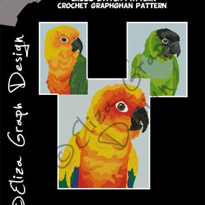 May include: Cross stitch and crochet graphghan pattern for conures. The pattern features three different conures: a green conure, a sun conure, and a yellow conure.