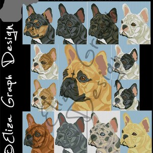 May include: A cross stitch pattern featuring nine different French Bulldog faces in various colors, including black, white, brown, and fawn. The pattern is 150 stitches wide by 200 stitches tall.