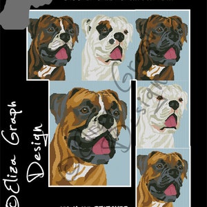May include: Cross stitch pattern for a Boxer dog. The pattern includes five different views of the dog's head, with the dog's tongue sticking out. The pattern is 150 x 193 stitches.