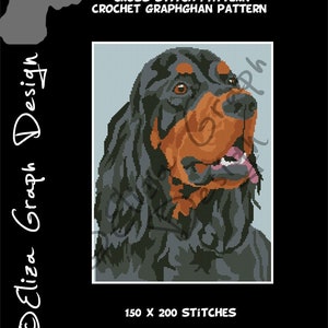 May include: Cross stitch pattern of a Gordon Setter dog with black, brown, and white fur. The pattern is 150 stitches wide by 200 stitches tall.