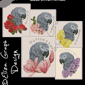 May include: Cross stitch pattern featuring a grey African Grey parrot with a choice of four different flower arrangements: red roses, pink blossoms, pink magnolia flowers, and purple lilac flowers. The pattern includes the text "Custom name".
