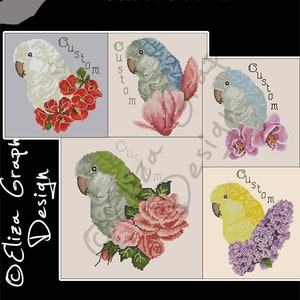 May include: Cross stitch pattern featuring a Quaker parrot with customisable flower options and a custom name. The design includes various parrot colours paired with different flower arrangements, such as red, pink, and purple blooms. The text "QUAKER PARROT" is visible.