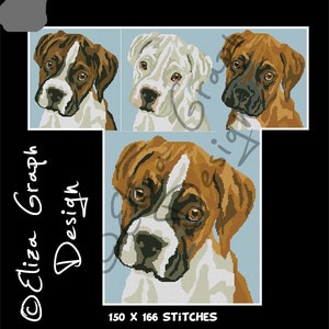May include: Cross stitch pattern for a Boxer puppy. The pattern includes three different views of the puppy's face, with brown, white, and black fur. The pattern is 150 stitches wide by 166 stitches high.