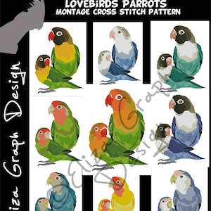 May include: A cross stitch pattern featuring nine different lovebird and parrot pairs in various colours, including green, blue, yellow, and orange. The pattern is titled "Lovebirds Parrots Montage Cross Stitch Pattern" and measures 130 x 170 stitches.